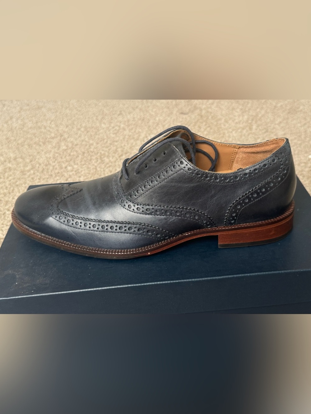 New Cole Haan Navy Brogue Derby with Brown Stacked Sole